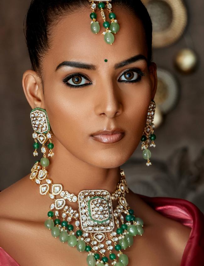 Polki & Green Jade Tumbles Bridal Necklace Set