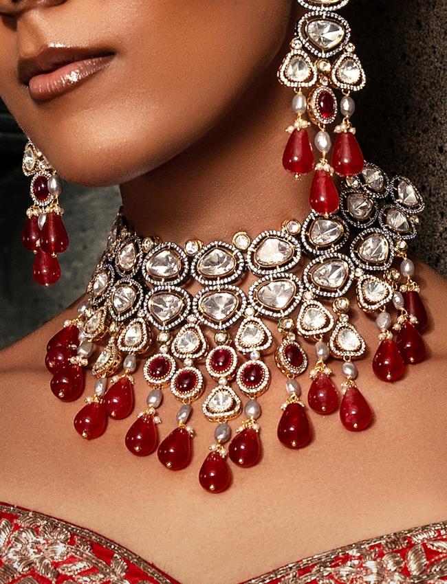 Red Polki Bridal Choker Set