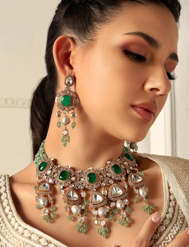 Green Polki Bridal Necklace Set