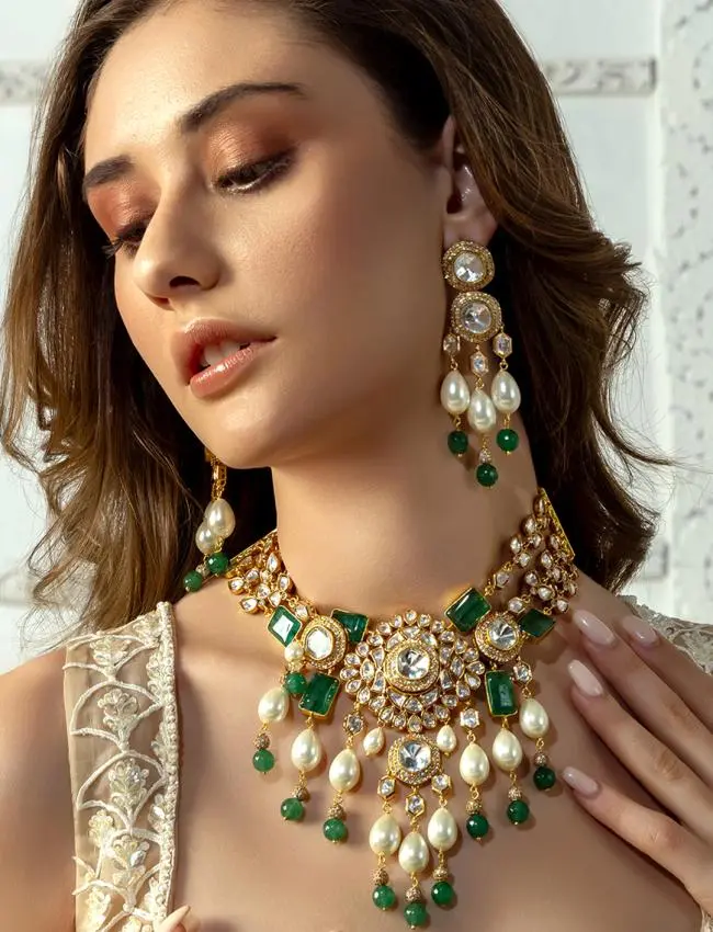 Bridal Necklace Set With Green Jades & Pearls