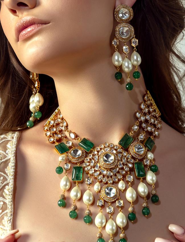 Bridal Necklace Set With Green Jades & Pearls