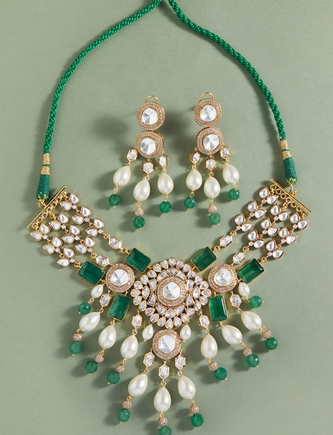 Bridal Necklace Set With Green Jades & Pearls