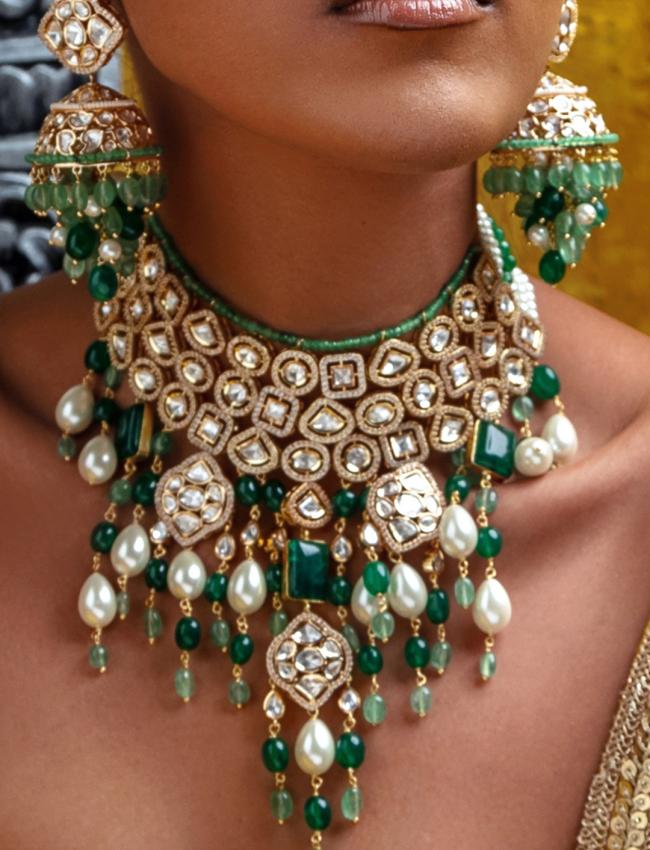 Bridal Necklace Set With Jades & Pearl Drops