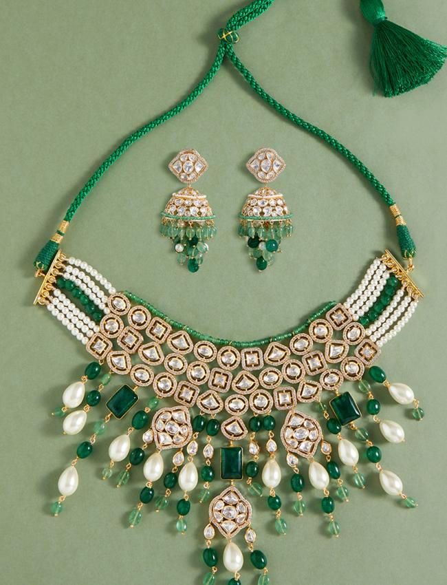 Bridal Necklace Set With Jades & Pearl Drops