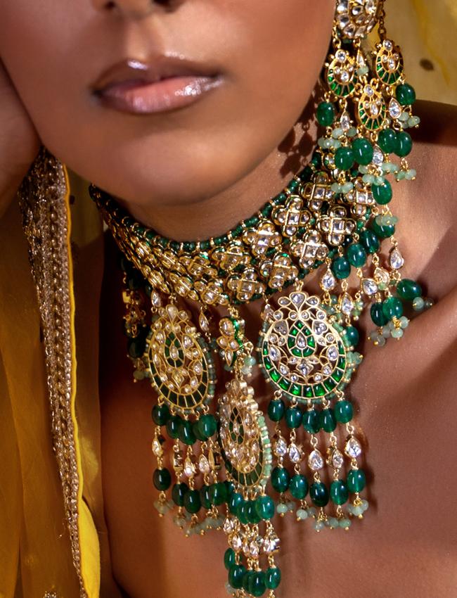 Polki & Green Jade Bridal Necklace Set