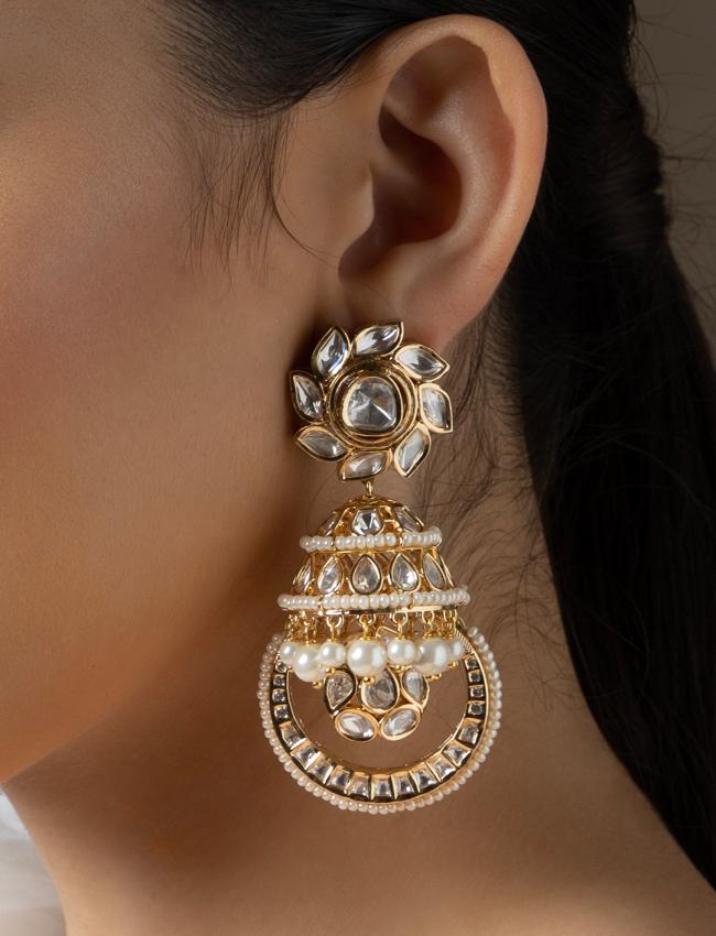 Polki And Pearl Jhumka Earrings