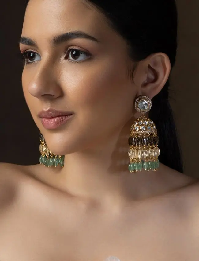 Polki Jhumka Earrings With Jade Tumbles ERJBR23AU13
