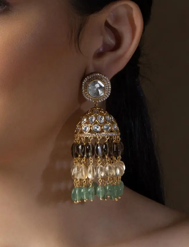 Polki Jhumka Earrings With Jade Tumbles ERJBR23AU13