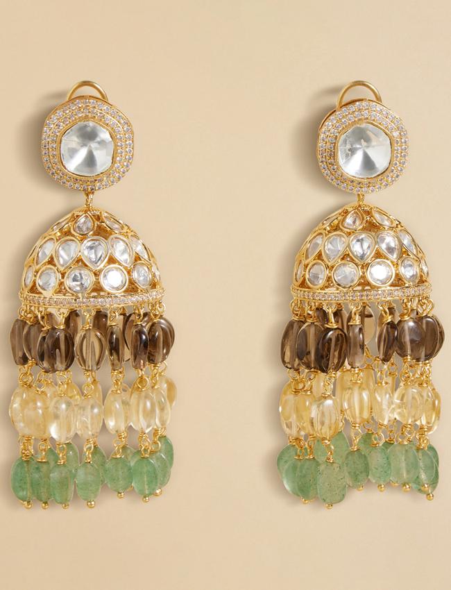 Polki Jhumka Earrings With Jade Tumbles