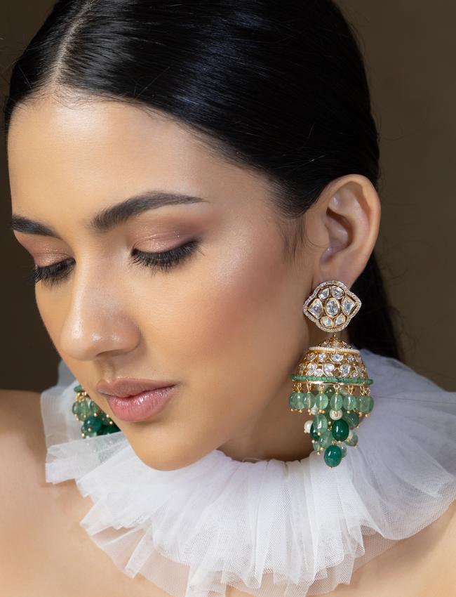 Polki And Green Beads Jhumka Earrings