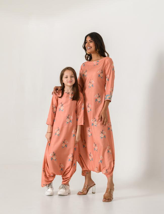 Mother Daughter Scarlet Orange Dhoti Jumpsuit