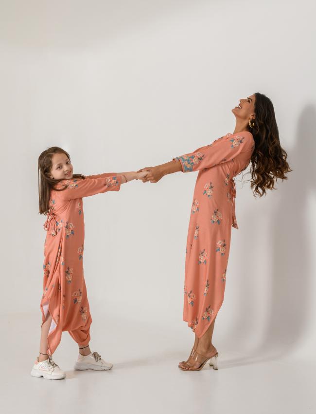 Mother Daughter Scarlet Orange Dhoti Jumpsuit