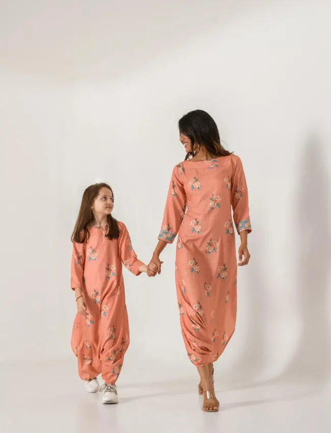Mother Daughter Scarlet Orange Dhoti Jumpsuit