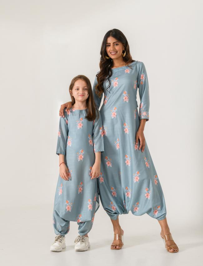 Mother Daughter Aqua Blue Dhoti Jumpsuit