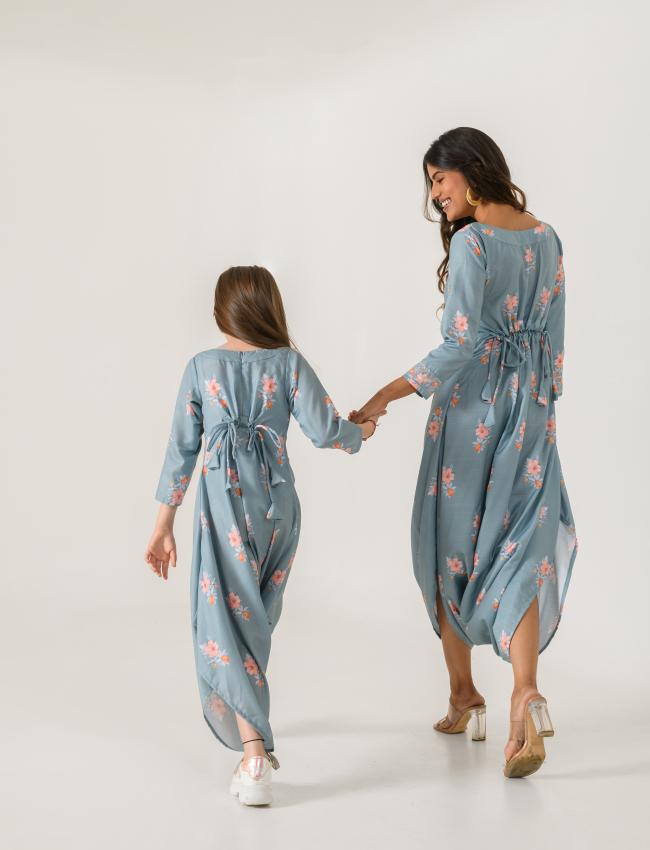 Mother Daughter Aqua Blue Dhoti Jumpsuit