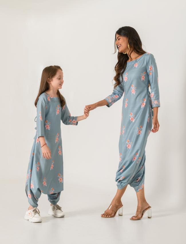 Mother Daughter Aqua Blue Dhoti Jumpsuit