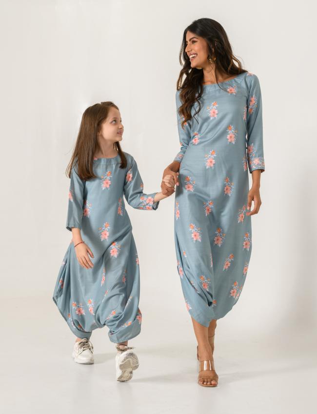 Mother Daughter Aqua Blue Dhoti Jumpsuit