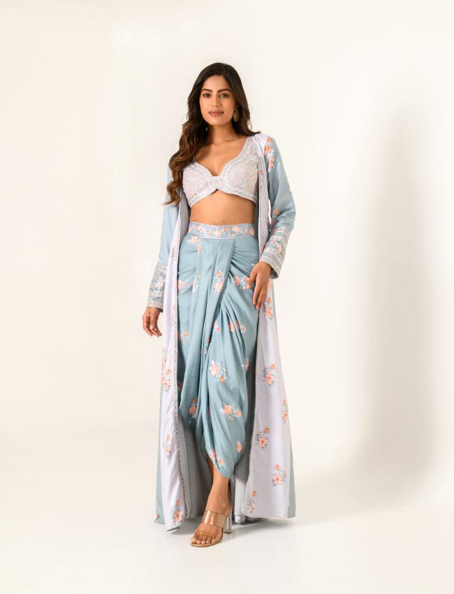 Aqua Blue & Slate Grey Bralette, Lungi & Cape Set