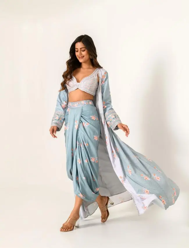 Aqua Blue & Slate Grey Bralette, Lungi & Cape Set