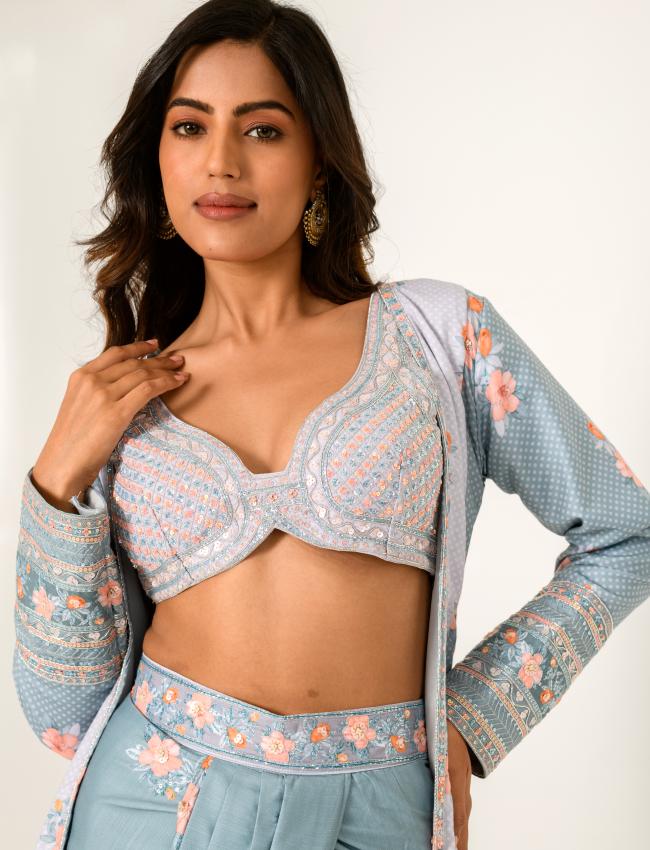 Aqua Blue & Slate Grey Bralette, Lungi & Cape Set