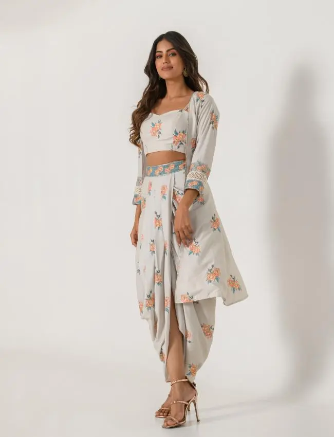 Pista Green Striped Cape, Bralette & Lungi Set