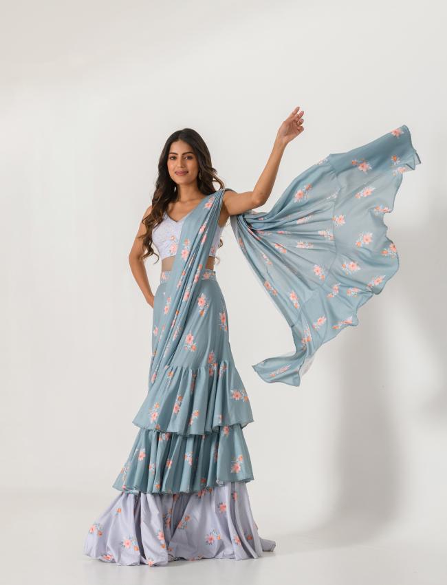 Aqua Blue & Slate Grey Ruffle Saree