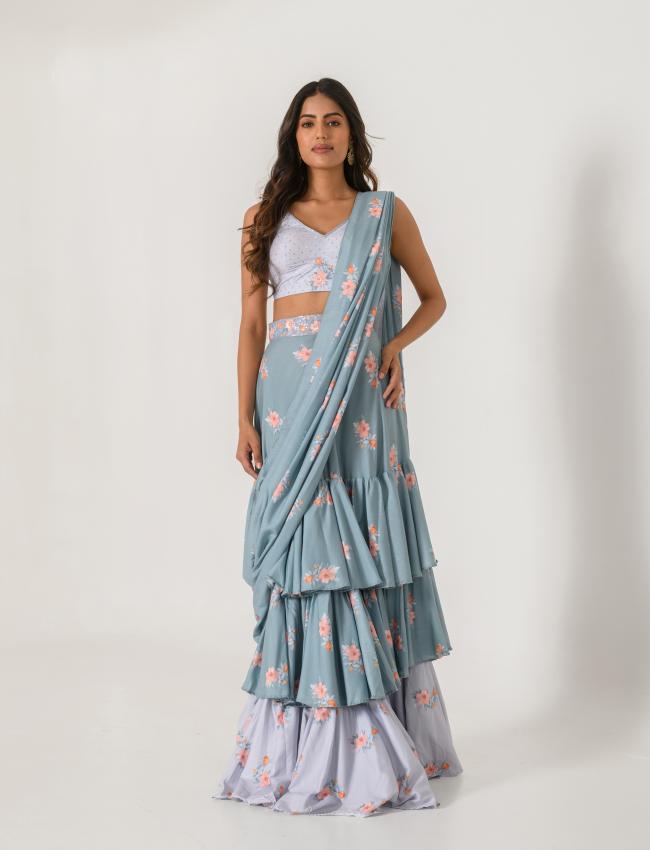 Aqua Blue & Slate Grey Ruffle Saree