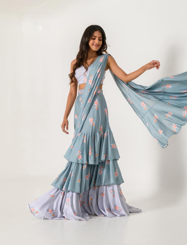 Aqua Blue & Slate Grey Ruffle Saree