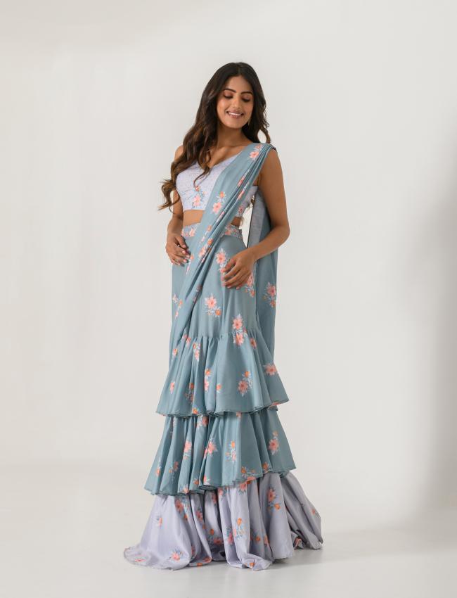 Aqua Blue & Slate Grey Ruffle Saree