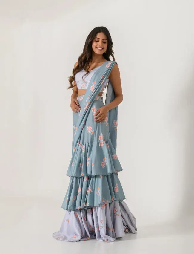 Aqua Blue & Slate Grey Ruffle Saree