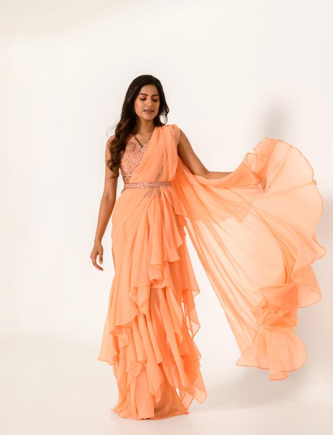 Embellished Orange Blouse with Chiffon Ruffle Saree