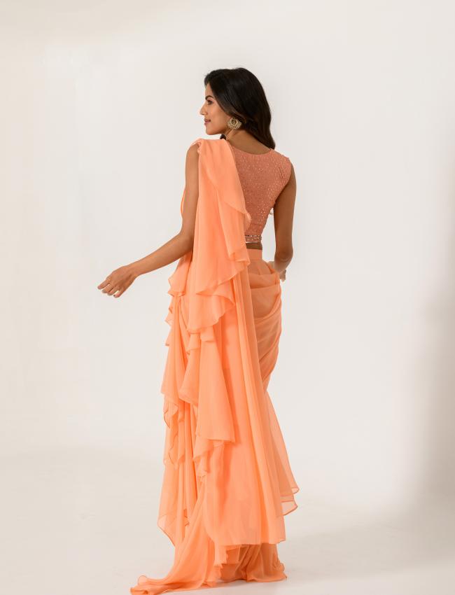 Embellished Orange Blouse with Chiffon Ruffle Saree