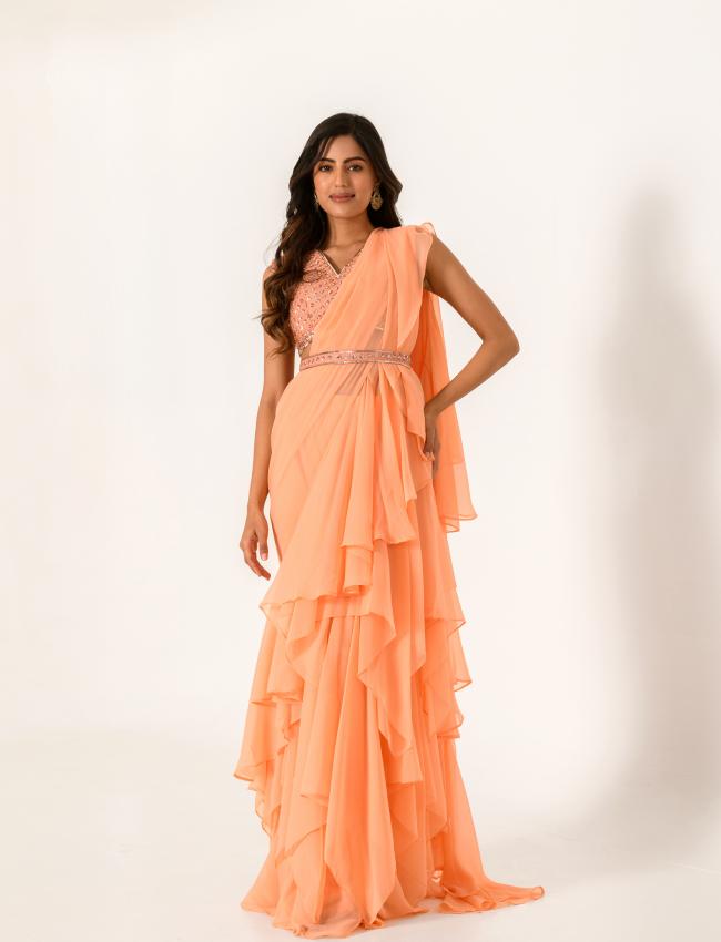 Embellished Orange Blouse with Chiffon Ruffle Saree