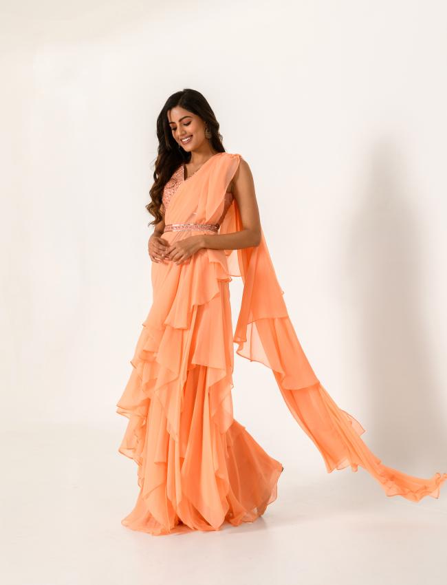 Embellished Orange Blouse with Chiffon Ruffle Saree