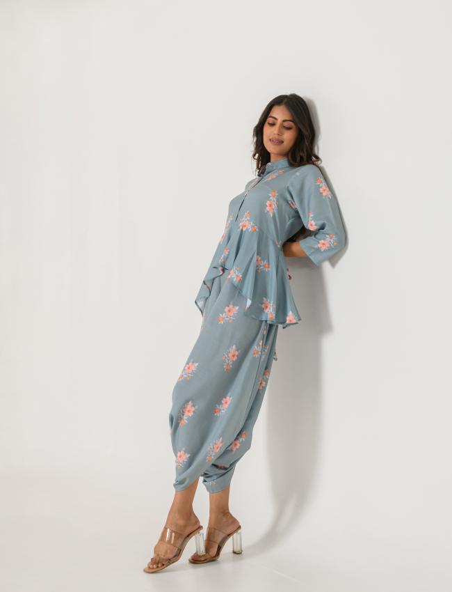 Aqua Blue Peplum Dhoti Jumpsuit