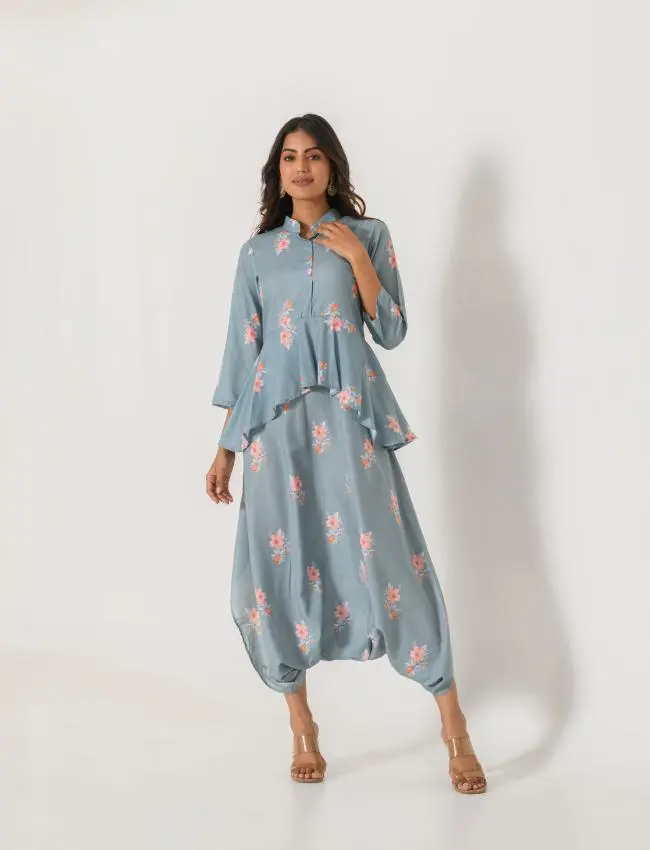 Aqua Blue Peplum Dhoti Jumpsuit