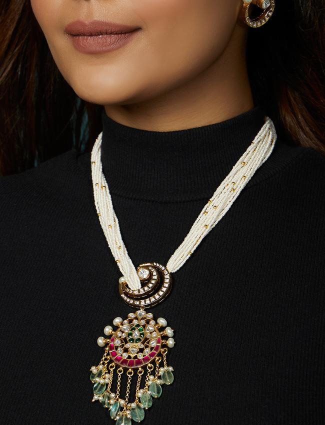 Pearl And Gold Tone Polki Necklace Set