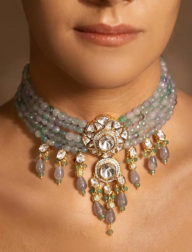Exquisite Golden, Green Choker Necklace