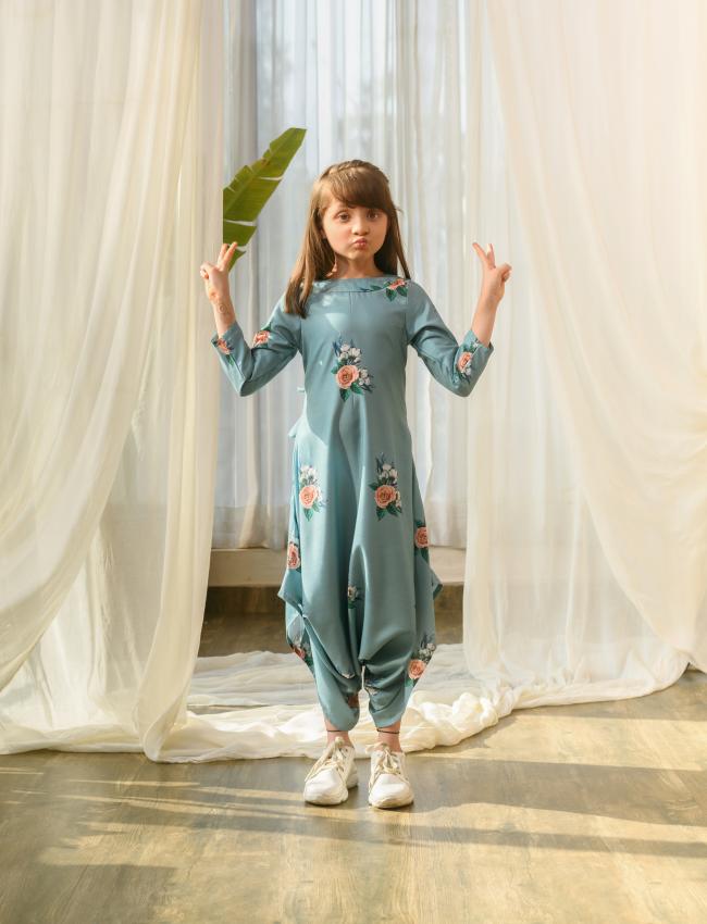 Dusty Teal Dhoti Jumpsuit Kids