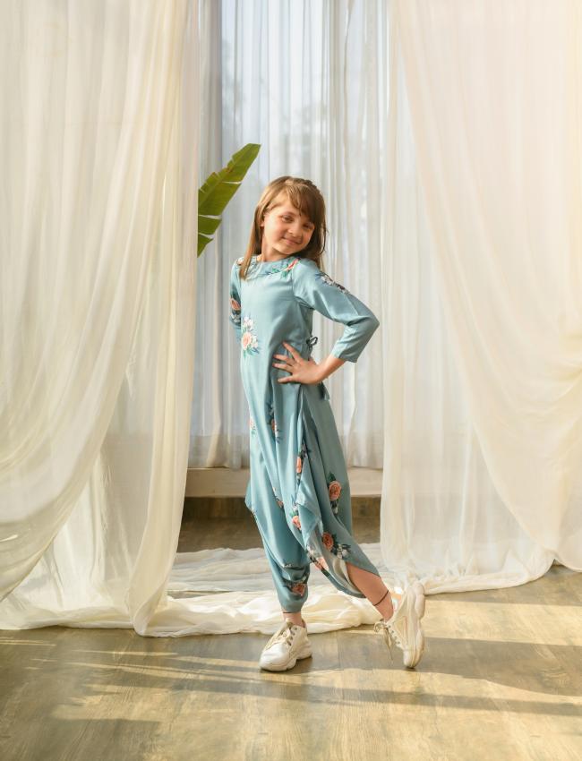 Dusty Teal Dhoti Jumpsuit Kids