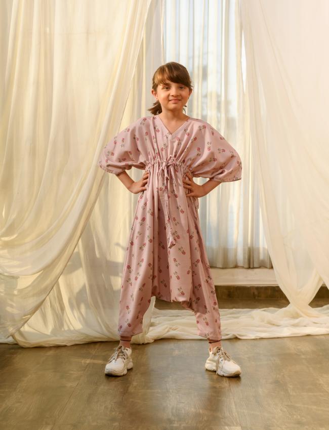 Rosey Pink Kimono Dhoti Jumpsuit Kids