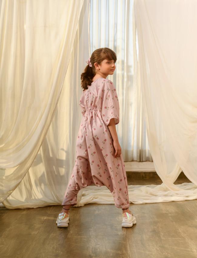 Rosey Pink Kimono Dhoti Jumpsuit Kids