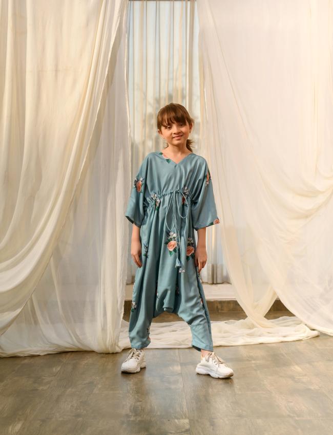 Dusty Teal Kimono Dhoti Jumpsuit Kids