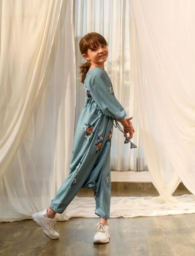 Dusty Teal Kimono Dhoti Jumpsuit Kids