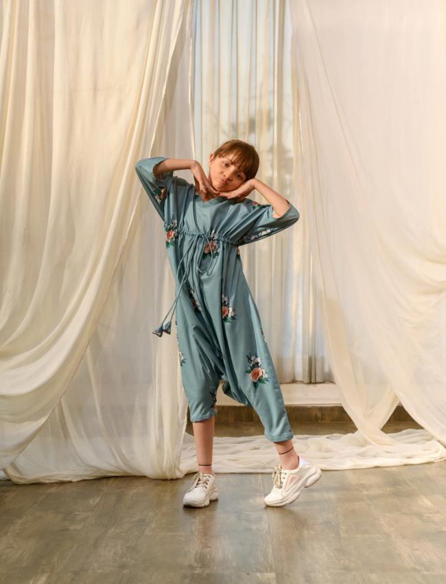 Dusty Teal Kimono Dhoti Jumpsuit Kids