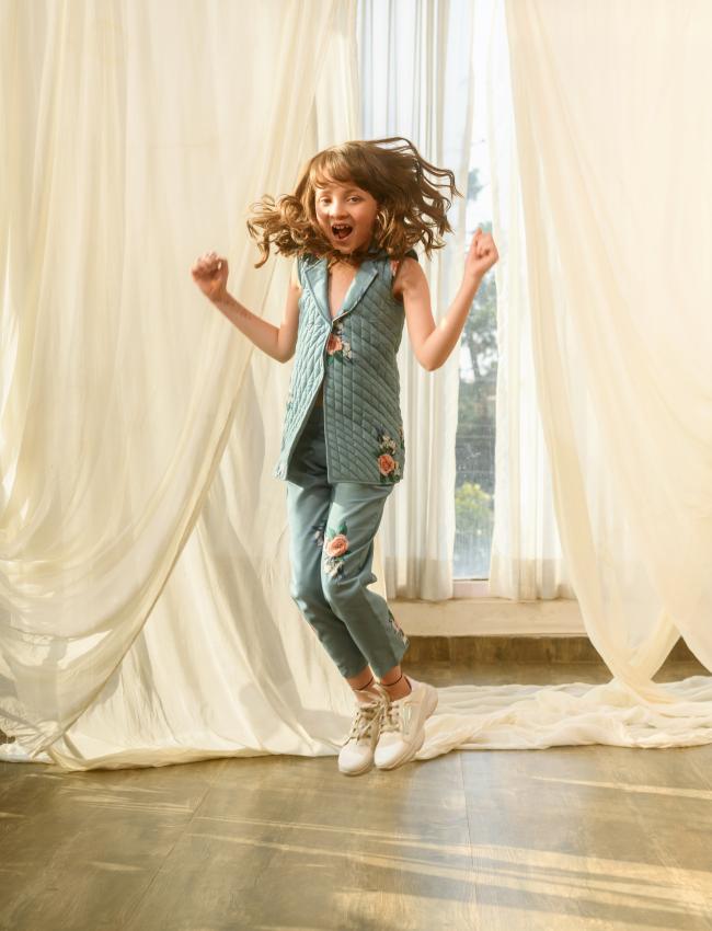 Dusty Teal Quilted Pant Suit Kids