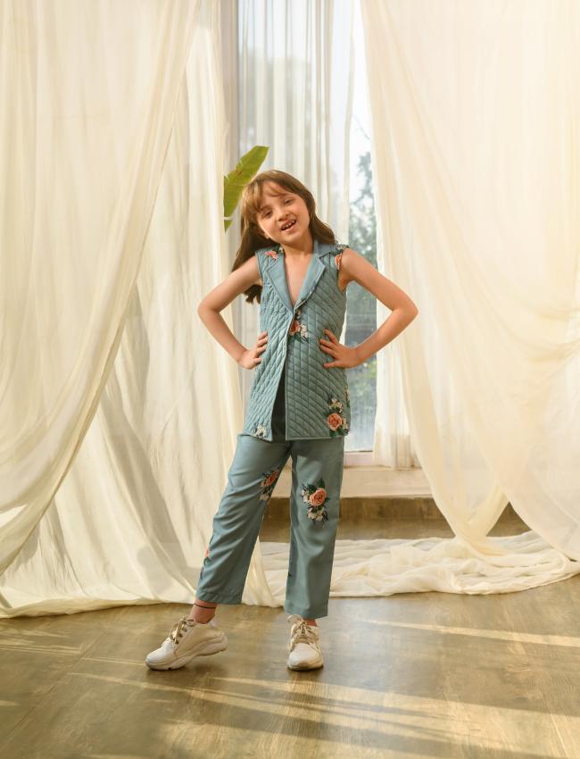 Dusty Teal Quilted Pant Suit Kids