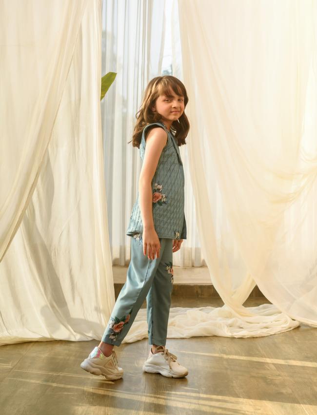 Dusty Teal Quilted Pant Suit Kids