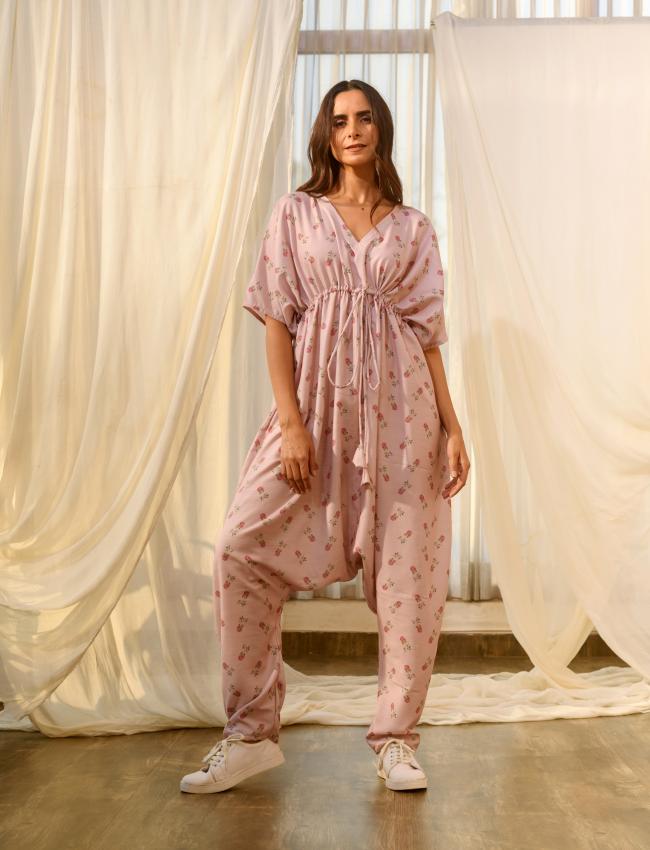 Rosey Pink Kimono Dhoti Jumpsuit