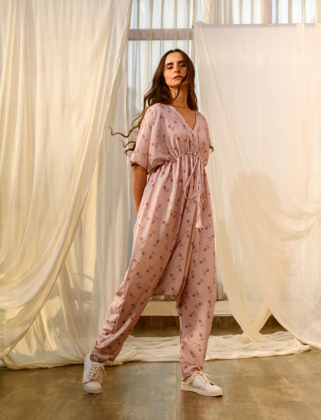 Rosey Pink Kimono Dhoti Jumpsuit